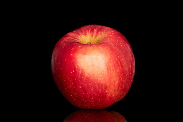 Fototapeta na wymiar One juicy red apple, macro, isolated on black background.