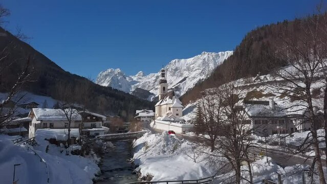 Winter aerial of church in Ramsau, Berchtesgaden, Germany