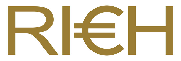 Visual Text of the 'RICH' with Euro Sign for Icon, Symbol, Logo, Website, Art Illustration or Graphic Design Element. Format PNG