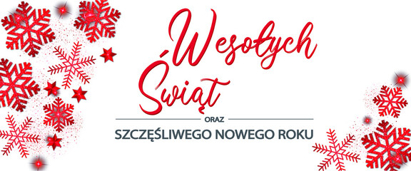 Karta lub baner na Wesołych Świąt i szczęśliwego nowego roku na białym tle z płatkami śniegu, gwiazdami i brokatem w kolorze czerwonym - obrazy, fototapety, plakaty