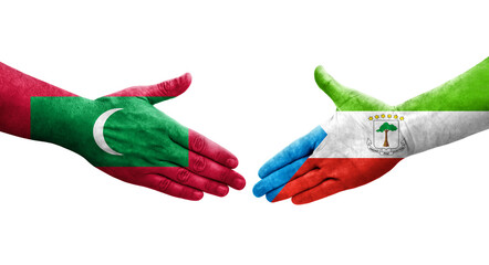 Handshake between Equatorial Guinea and Maldives flags painted on hands, isolated transparent image.