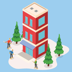 Young father and boys removing snow with a shovel isometric 3d vector illustration concept for banner, website, illustration, landing page, flyer, etc.