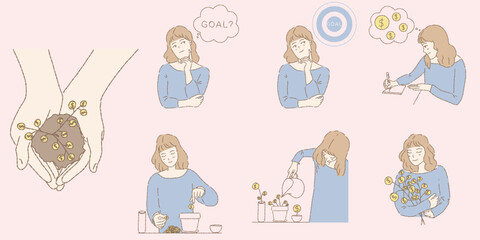 Set of young woman investing, trading stock. Growing money, coin same as planting tree. Hand drawn flat cartoon character vector illustration isolated on pink background.