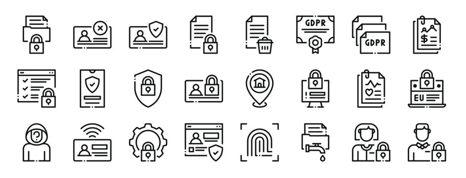 set of 24 outline web gdpr icons such as secure folder, vanish, identity, privacy policy, erase, certificate, statement vector icons for report, presentation, diagram, web design, mobile app