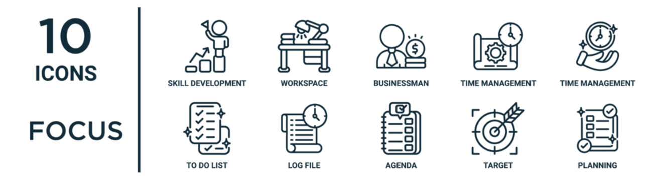 Focus Outline Icon Set Includes Thin Line Skill Development, Businessman, Time Management, Log File, Target, Planning, To Do List Icons For Report, Presentation, Diagram, Web Design