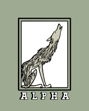 Vector card with hand drawn beautiful skinny howling wolf in austere frame. Ink drawing, graphic style. Beautiful design elements. Funny alpha male illustration