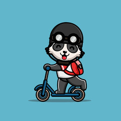 Cute raccoon ridding kick scooter and wear helmet