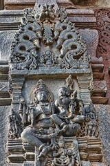 Fototapeta na wymiar Soft Rock Sculptures of Belur, Karnataka. Historical Hoysala monument representing Indian art and history.