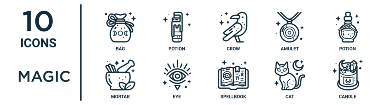 Magic Outline Icon Set Includes Thin Line Bag, Crow, Potion, Eye, Cat, Candle, Mortar Icons For Report, Presentation, Diagram, Web Design