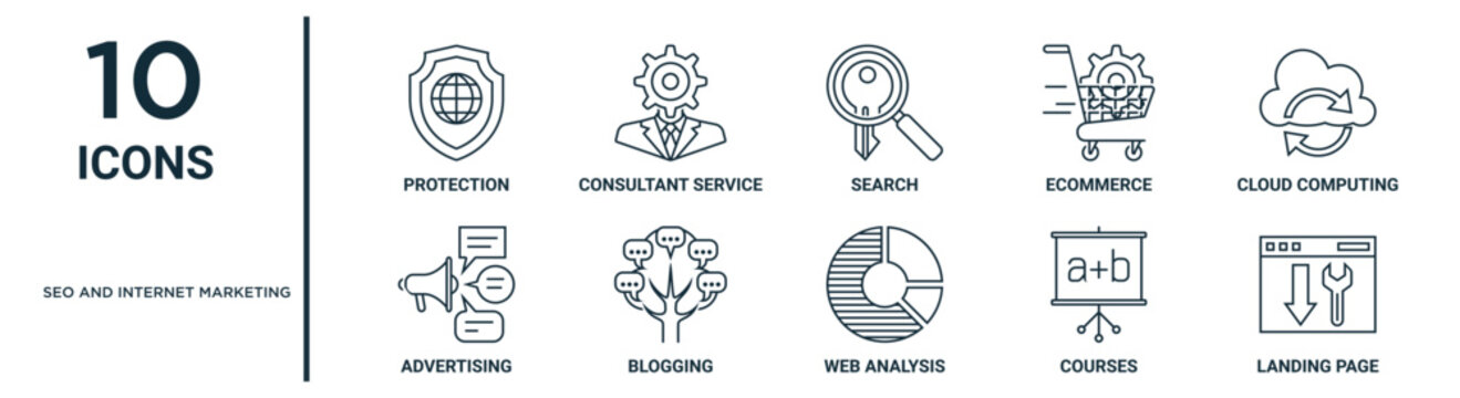 Seo And Internet Marketing Outline Icon Set Includes Thin Line Protection, Search, Cloud Computing, Blogging, Courses, Landing Page, Advertising Icons For Report, Presentation, Diagram, Web Design