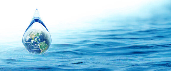 World Water day concept with world in clean water drop on and fresh blue water ripples design,...