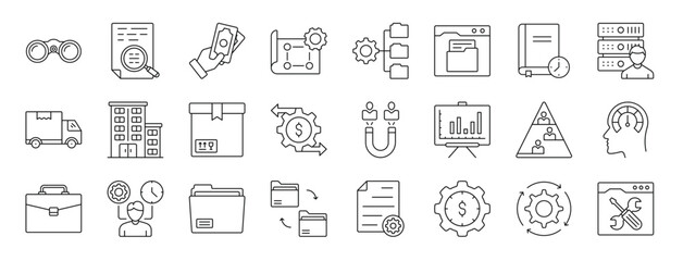 Fototapeta na wymiar set of 24 outline web management icons such as binoculars, document, cash, ting, ting, browser, book vector icons for report, presentation, diagram, web design, mobile app