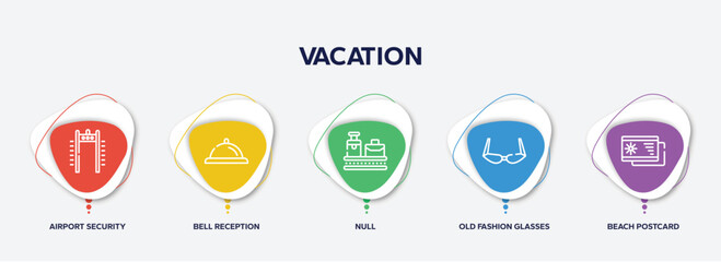 Fototapeta premium infographic element template with vacation outline icons such as airport security portal, bell reception, null, old fashion glasses, beach postcard vector.