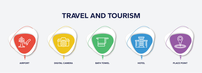 infographic element template with travel and tourism outline icons such as airport, digital camera, bath towel, hotel, place point vector.