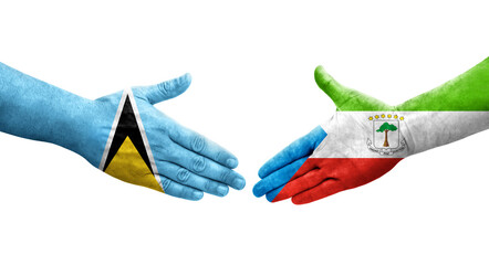 Handshake between Equatorial Guinea and Saint Lucia flags painted on hands, isolated transparent image.