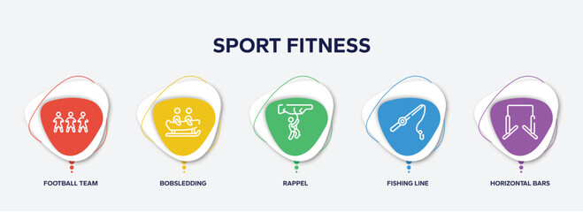 infographic element template with sport fitness outline icons such as football team, bobsledding, rappel, fishing line, horizontal bars vector. - obrazy, fototapety, plakaty