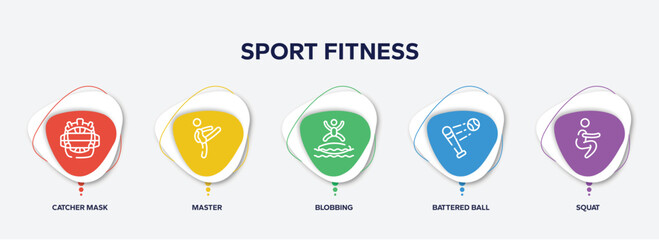 Fototapeta premium infographic element template with sport fitness outline icons such as catcher mask, master, blobbing, battered ball, squat vector.