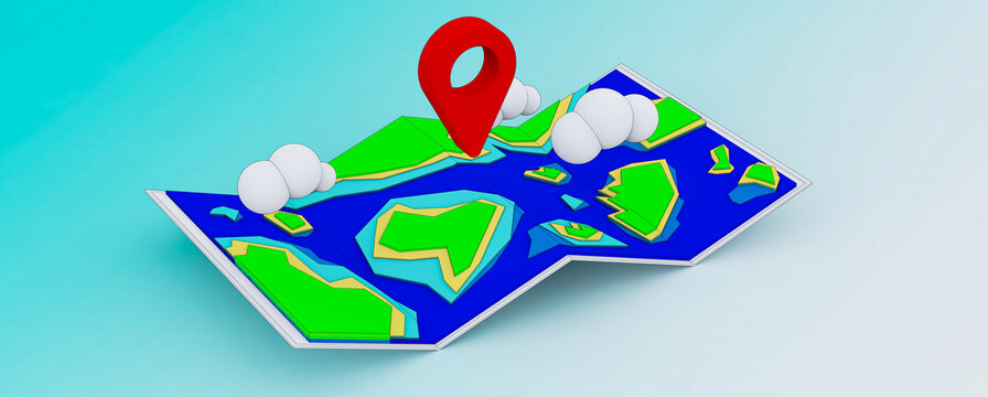 Map with pin and clouds on a blue background, choice of travel direction, location mark on the map, 3d rendering