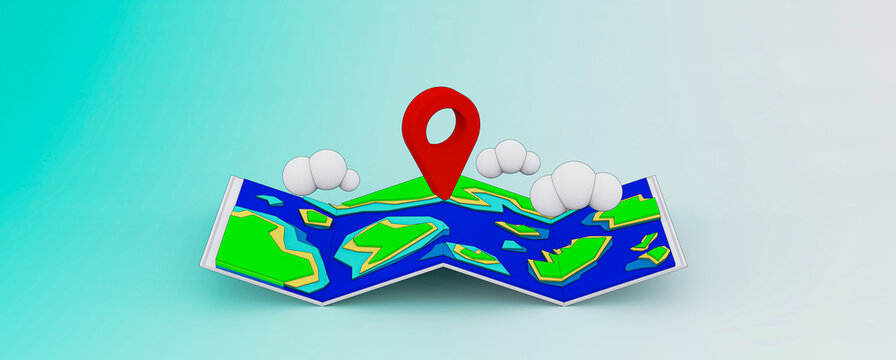 Map with pin and clouds on a blue background, choice of travel direction, location mark on the map, 3d rendering