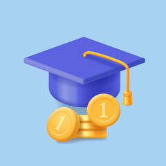 Education grant. Graduation cap and coin. Expensive education for money, paying for traning, study vector concept isolated,