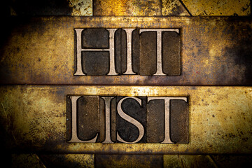 Hit List text with on grunge textured copper and gold background