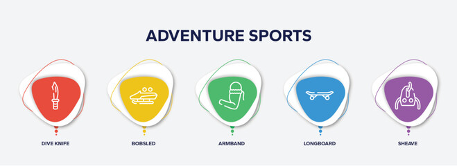 infographic element template with adventure sports outline icons such as dive knife, bobsled, armband, longboard, sheave vector.