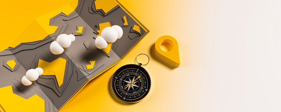Map with clouds and compass and pin , choice of travel direction, 3d rendering