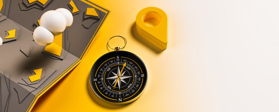 Map with clouds and compass and pin , choice of travel direction, 3d rendering