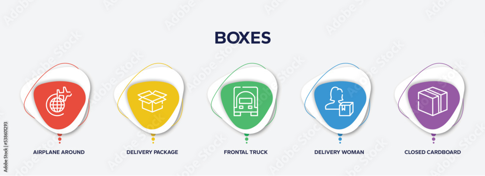 Poster infographic element template with boxes outline icons such as airplane around earth, delivery packag