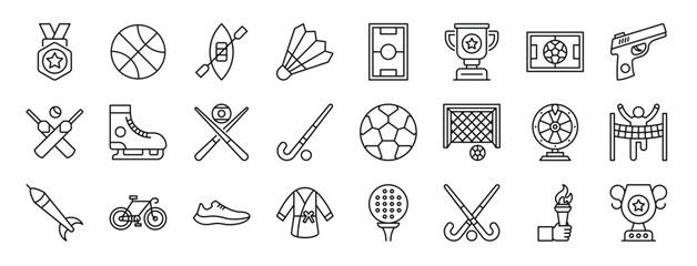 Fototapeta set of 24 outline web sports and awards icons such as medal, basketball, rafting, birdie, game field, trophy, soccer field vector icons for report, presentation, diagram, web design, mobile app obraz