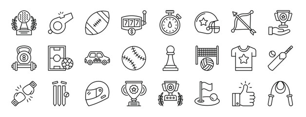 Fototapeta na wymiar set of 24 outline web sports and awards icons such as trophey, whistle, rugby, slot hine, stopwatch, helmet, bow and arrow vector icons for report, presentation, diagram, web design, mobile app