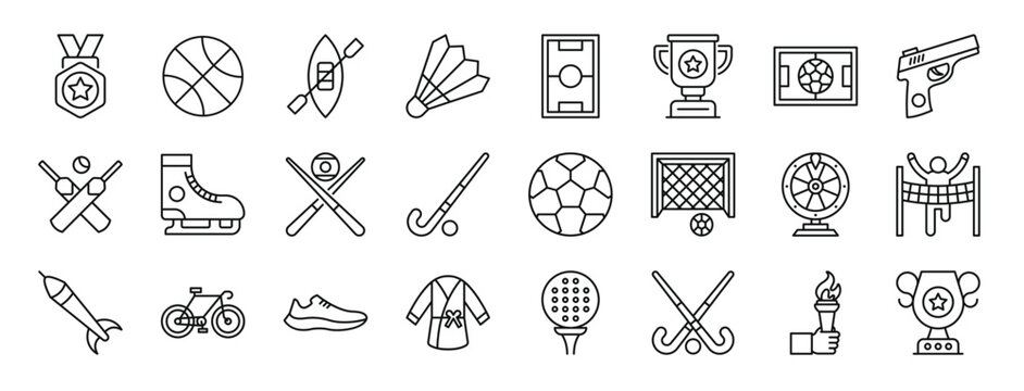 set of 24 outline web sports and awards icons such as medal, basketball, rafting, birdie, game field, trophy, soccer field vector icons for report, presentation, diagram, web design, mobile app