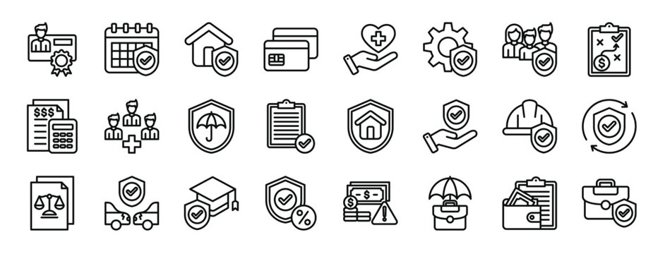 set of 24 outline web insurance icons such as cpa, schedule, house insurance, credit card, health insurance, security system, family vector icons for report, presentation, diagram, web design,
