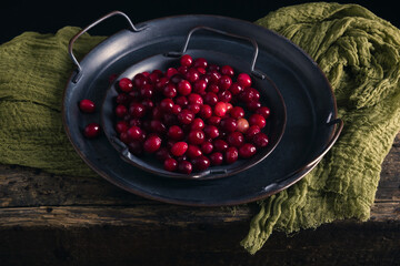 Red cranberries on antique plate