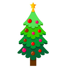 Christmas tree with decorations - decorations, stars, Christmas decorations. isolated. Merry christmas and a happy new year. Happy holidays text and logo. Vector illustration. EPS10