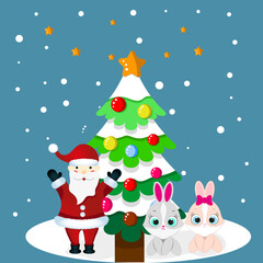 Christmas illustration with christmas tree,santa claus,rabbits.New year.Christmas.