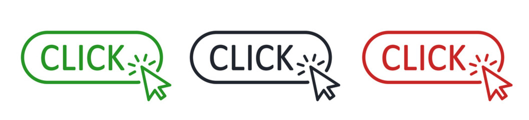 Click button with arrow pointer clicking. Click here web button. Isolated website arrow clicking cursor set – vector