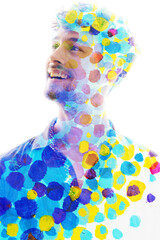 an artistic paint dotted double exposure portrait of a man looking away
