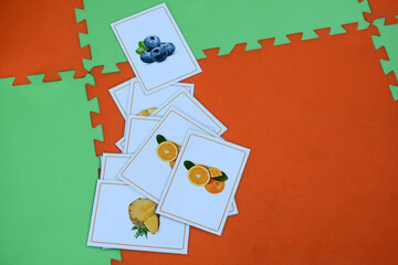 Educational game for children. Fruit cards. Educational cards in kindergarten.
