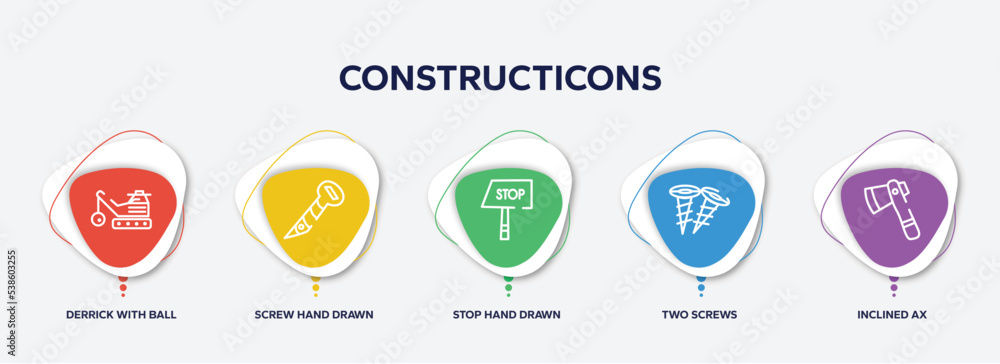 Poster infographic element template with constructicons outline icons such as derrick with ball, screw hand