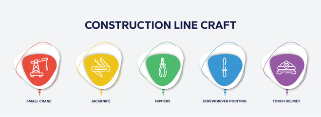 Fototapeta premium infographic element template with construction line craft outline icons such as small crane, jackknife, nippers, screwdriver pointing up, torch helmet vector.