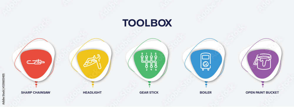 Poster infographic element template with toolbox outline icons such as sharp chainsaw, headlight, gear stic