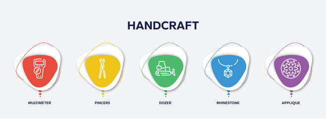 infographic element template with handcraft outline icons such as multimeter, pincers, dozer, rhinestone, applique vector.