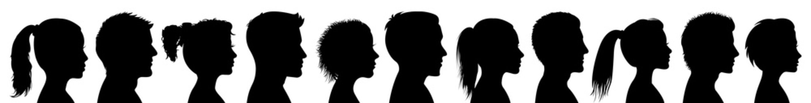 Group young people. Profile silhouette faces boys and girls set, man and woman – stock vector