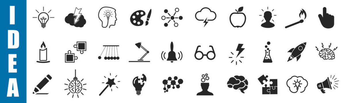 Idea icons set, creativity sign, creative idea logo with light bulb, human head, brain – for stock