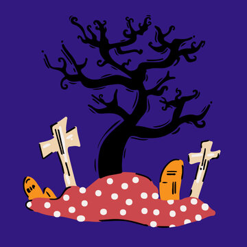 Colorful cartoon silhouettes of tree and tombstones, crosses and gravestones. Elements of cemetery. Sketch for holiday of all evil spirits Halloween. Graveyard panorama isolated on white background.