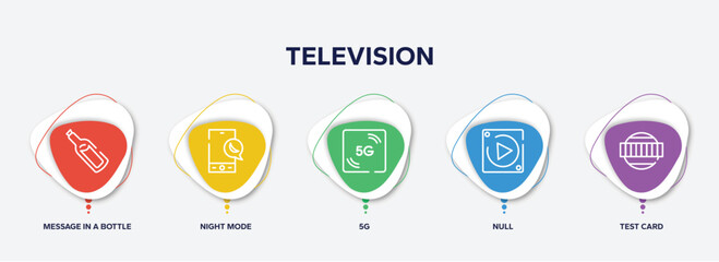 infographic element template with television outline icons such as message in a bottle, night mode, 5g, null, test card vector.