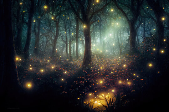 AI generated image of a magical mysterious forest lit by fireflies 