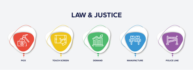 infographic element template with law & justice outline icons such as pick, touch screen, demand, manufacture, police line vector.