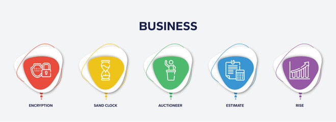 infographic element template with business outline icons such as encryption, sand clock, auctioneer, estimate, rise vector.